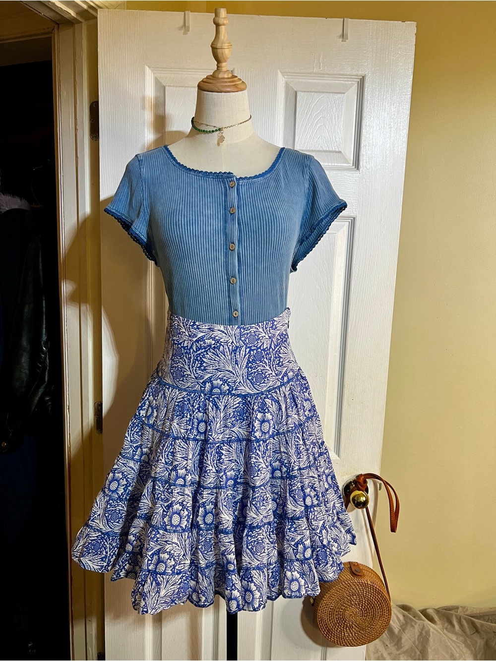 SUD EXPRESS France‎ Wms Cotton Floral  Tiered Blue Boho Cottage Mini Skirt 36